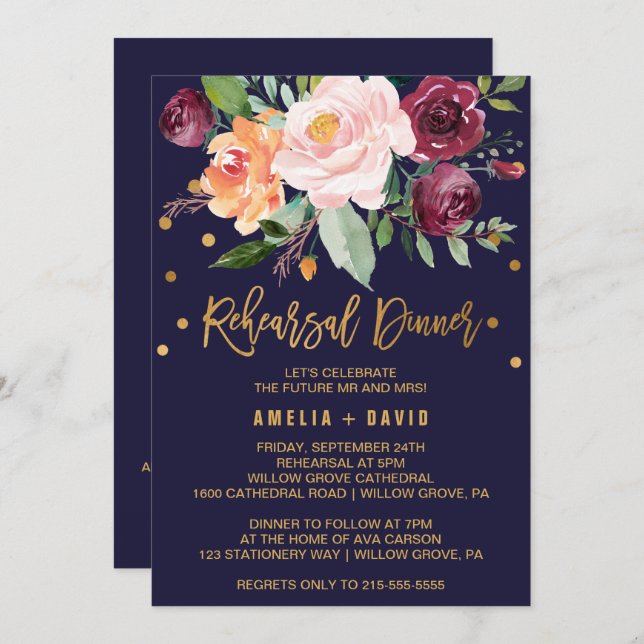 Autumn Floral | Details on Back Rehearsal Dinner Invitation (Front/Back)