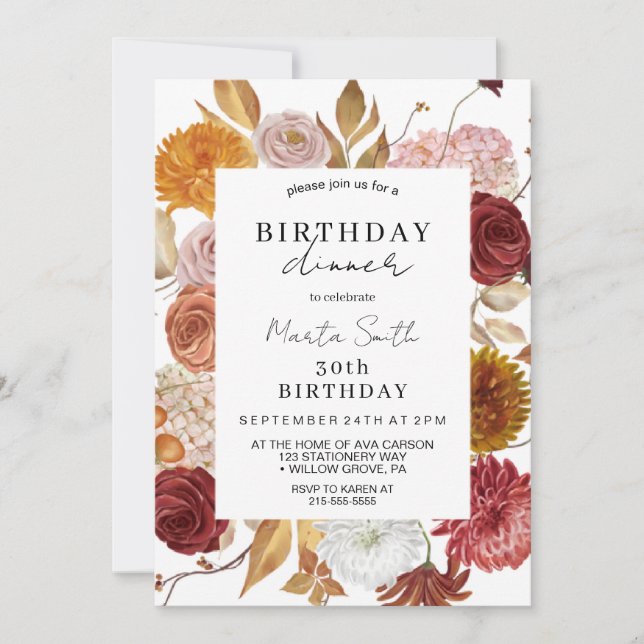Autumn Floral Dinner Birthday Invitation (Front)