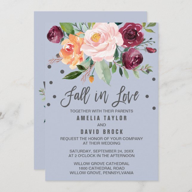 Autumn Floral Dusty Blue Fall In Love Wedding Invitation (Front/Back)