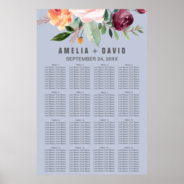 Autumn Floral Dusty Blue Seating Chart (Front)