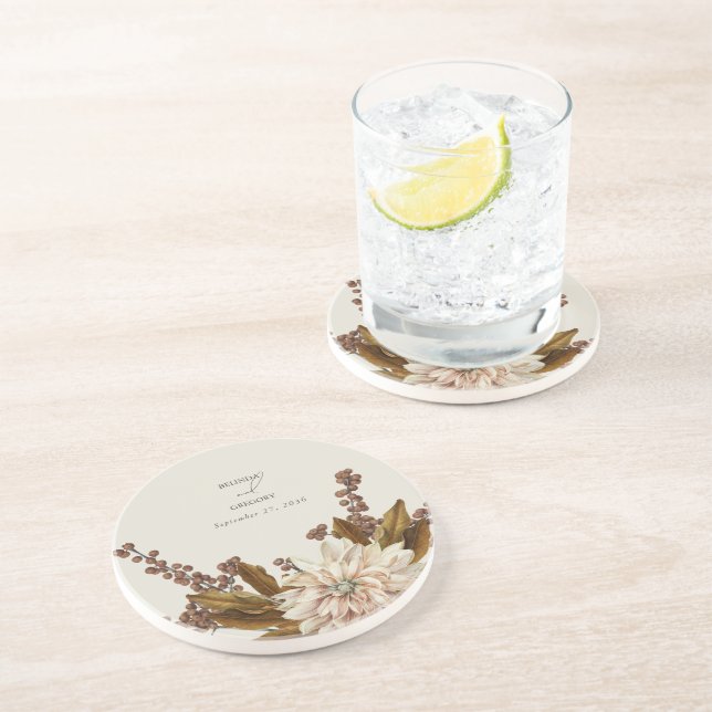 Autumn Floral Earthy Tones Watercolor Fall Wedding Coaster (Side)