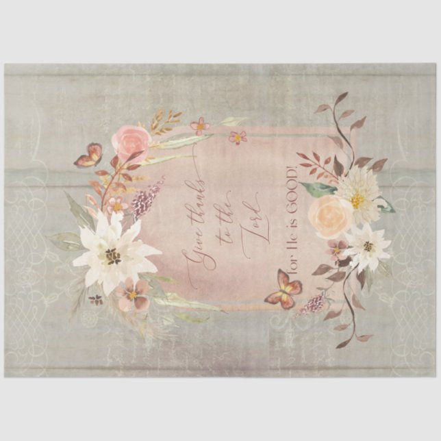 Autumn Floral Fall Give Thanks Grey Decoupage  Tissue Paper (Front)