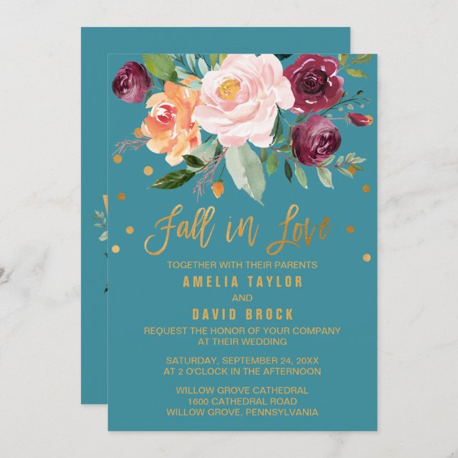 Autumn Floral | Fall In Love Teal Wedding Invitation (Front/Back)