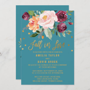 Autumn Floral   Fall In Love Teal Wedding Invitation