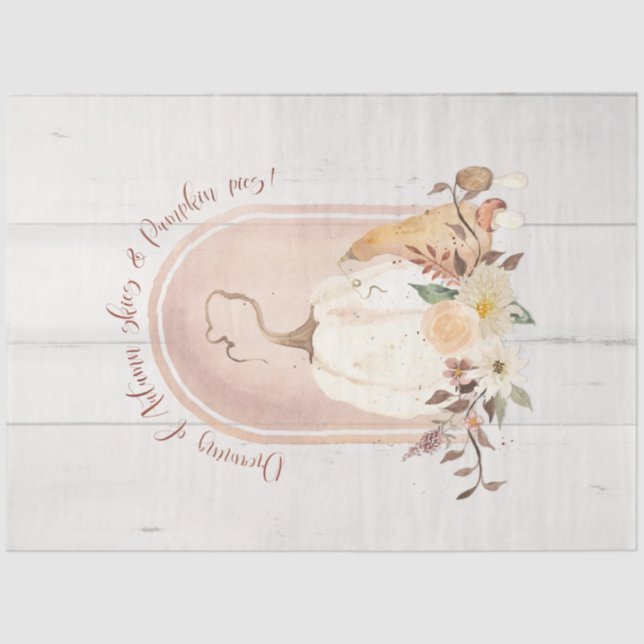 Autumn Floral Fall White Pumpkin Foliage Decoupage Tissue Paper (Front)