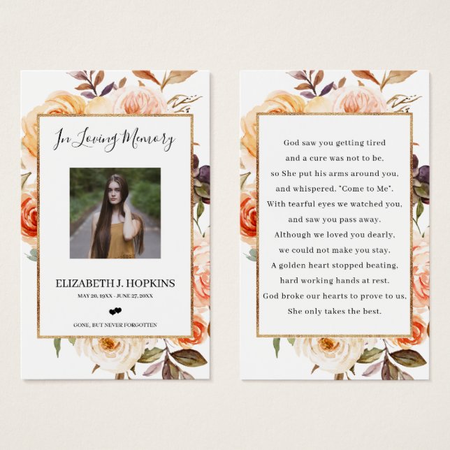 Autumn Floral Gold Foil Frame Photo Prayer Cards (Front & Back)