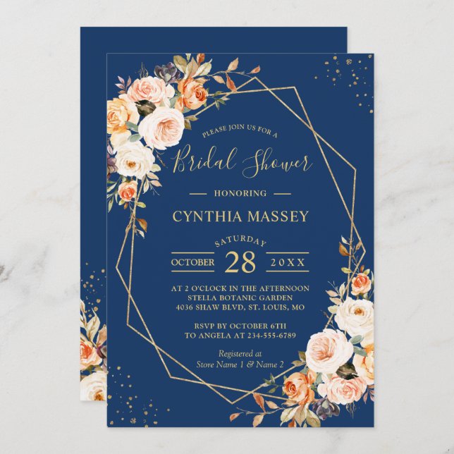 Autumn Floral Gold Frame Navy Blue Bridal Shower Invitation (Front/Back)