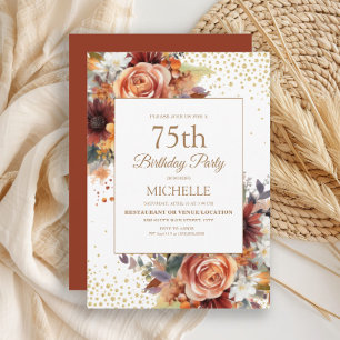 Autumn Floral Gold Glitter 75th Birthday Invitation