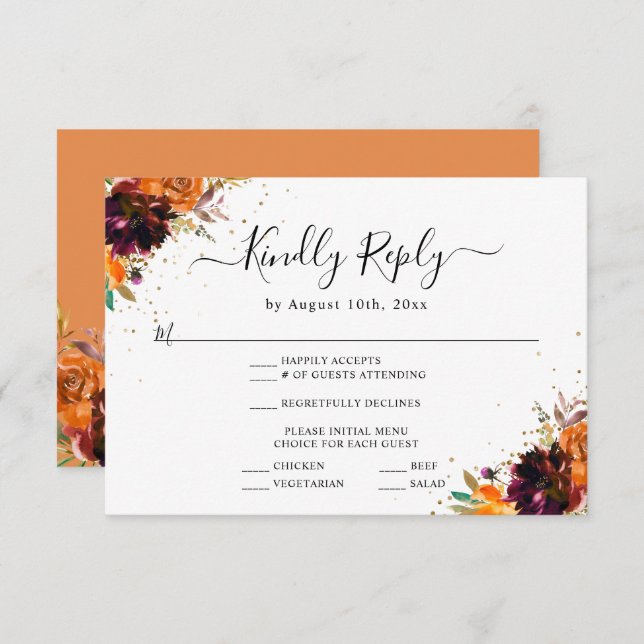 Autumn Floral Gold Glitter Burnt Orange Wedding Enclosure Card (Front/Back)