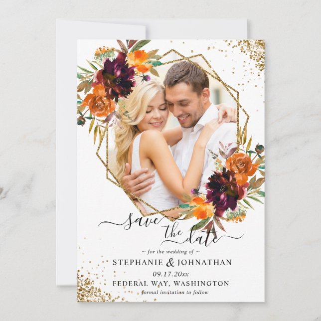 Autumn Floral Gold Glitter Save The Date (Front)