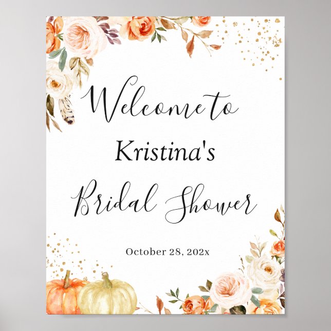 Autumn Floral Gold Glitters Bridal Shower Sign (Front)