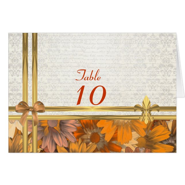 Autumn floral & gold on white damask table number (Front Horizontal)