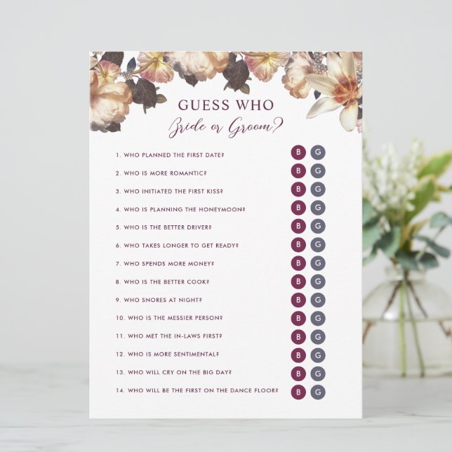 Autumn Floral Guess Who Bride or Groom Shower Game Invitation (Standing Front)