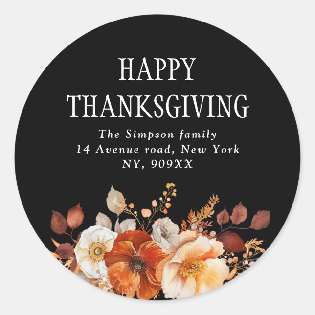 autumn floral happy thanksgiving address classic round sticker (Front)