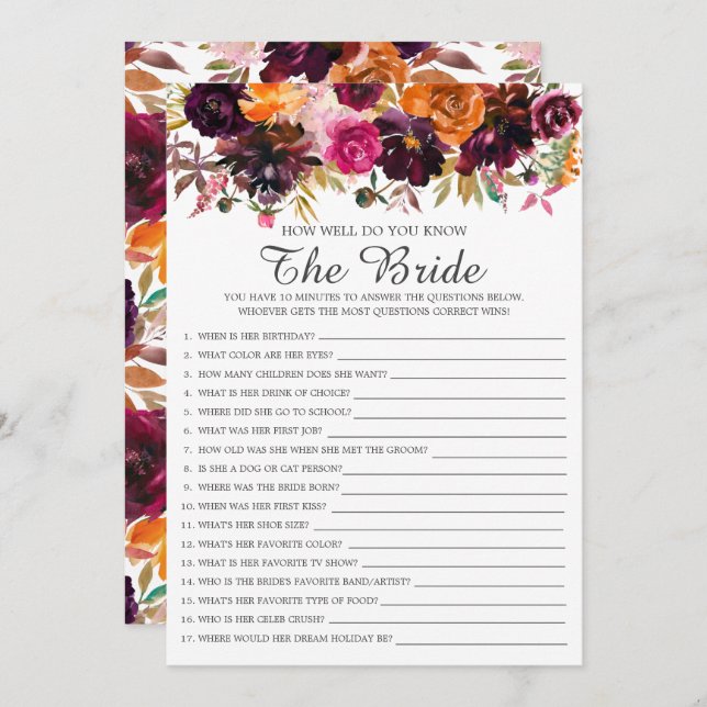 Autumn Floral How Well Do You Know The Bride Game Invitation (Front/Back)