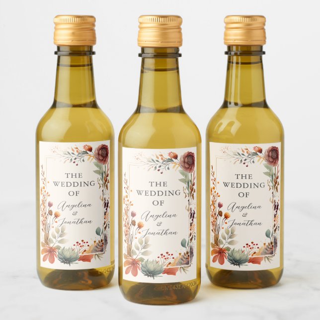 Autumn Floral Ivory Boho Fall Wedding Mini Wine Label (Bottles)