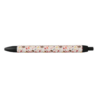 Autumn Floral Leaves and Hedgehog Pattern Black Ink Pen