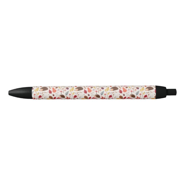 Autumn Floral Leaves and Hedgehog Pattern Black Ink Pen (Front)