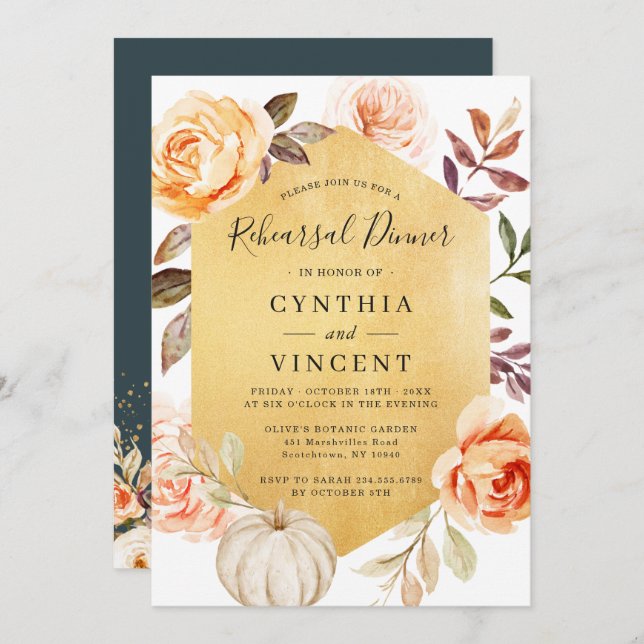 Autumn Floral Luxury Gold Wedding Rehearsal Dinner Invitation (Front/Back)