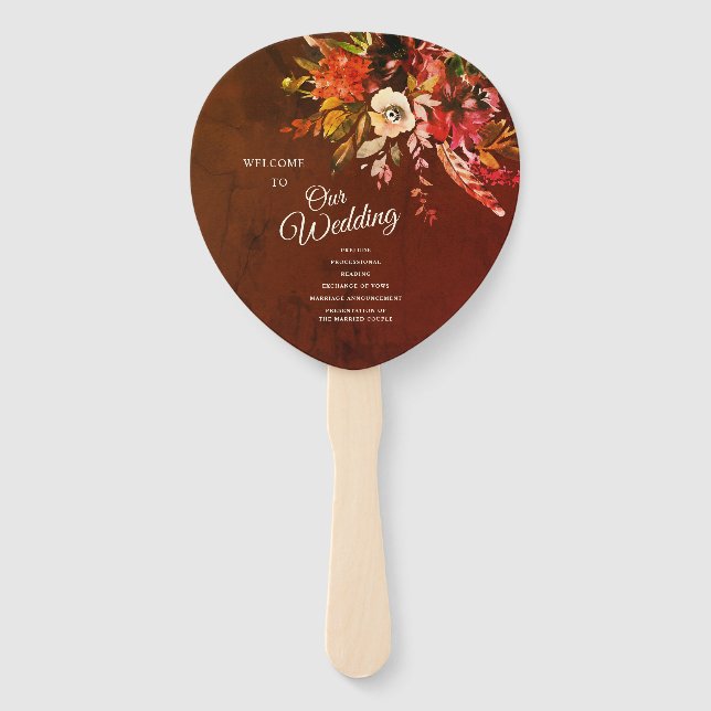 Autumn Floral Marbled Brown Wedding Program Hand Fan (Front)