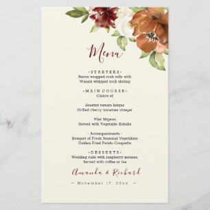 Autumn Floral Maroon Wedding Menu