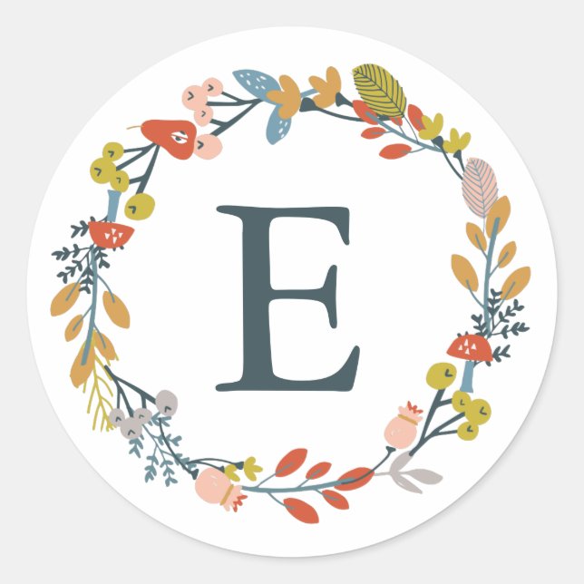 Autumn Floral Monogram Classic Round Sticker (Front)
