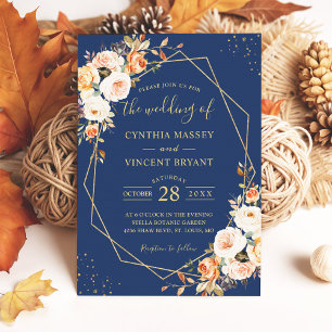 Autumn Floral Navy Blue Gold Geometric Wedding Invitation