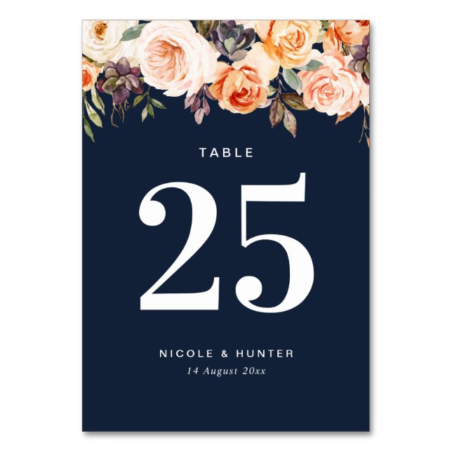 autumn floral navy blue wedding Table number (Front)