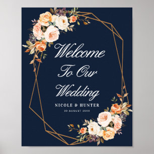 autumn floral navy blue wedding welcome sign
