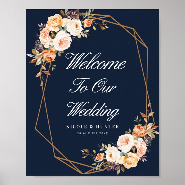 autumn floral navy blue wedding welcome sign (Front)