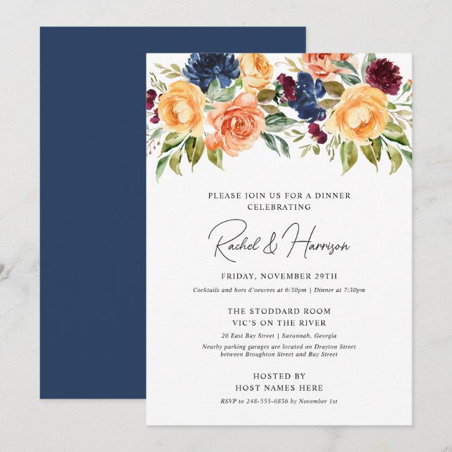 Autumn Floral Navy Wedding Rehearsal Dinner Invitation (Front/Back)