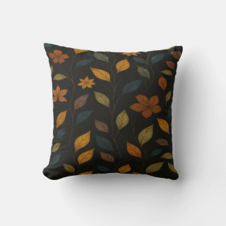 Autumn Floral Pattern on Black Background Cushion