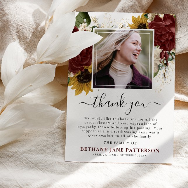 Autumn Floral Photo Memorial Thank You Card (Creator Uploaded)