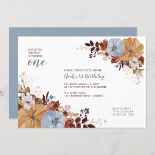 Autumn Floral & Pumpkin 1st Birthday Party Invitation