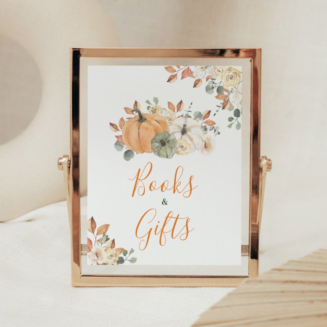 Autumn Floral Pumpkin Baby Shower Books and Gifts Poster (Autumn Pumpkin Baby Shower Books and Gifts Sign)
