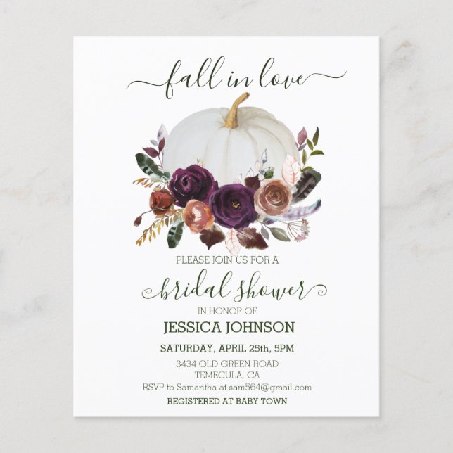 Autumn Floral Pumpkin Boho Bridal Shower Budget  (Front)