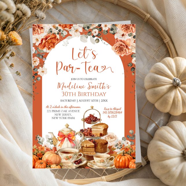 Autumn Floral Pumpkin Let's Par Tea Birthday Party Invitation (Creator Uploaded)