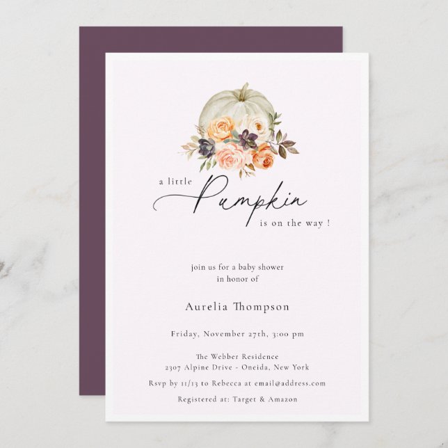 Autumn Floral Pumpkin Purple Baby Shower Invitation (Front/Back)