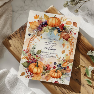 Autumn Floral Pumpkin Scrip Wedding Invitation