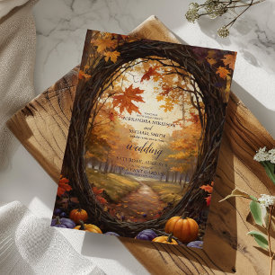 Autumn Floral Pumpkin Scrip Wedding Invitation
