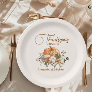 Autumn Floral Pumpkin Thanksgiving Dinner Paper Plate