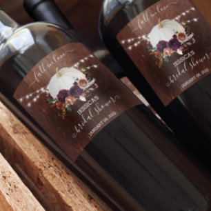Autumn Floral Pumpkin Wood Bridal Shower Wine Label