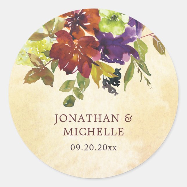 Autumn Floral Purple Burnt Orange Greenery Wedding Classic Round Sticker (Front)