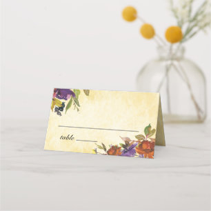 Autumn Floral Purple Burnt Orange Yellow Wedding Place Card