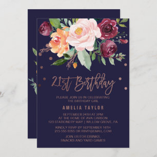 Autumn Floral Rose Gold 21st Birthday Party Invitation