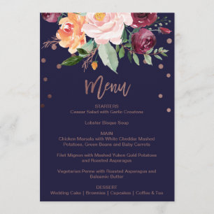 Autumn Floral Rose Gold Dinner Menu Card