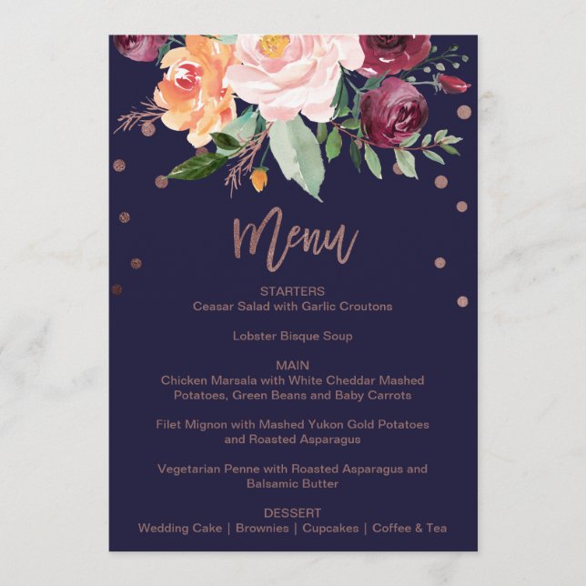 Autumn Floral Rose Gold Dinner Menu Card (Front)