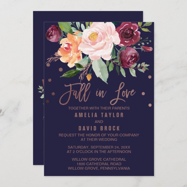 Autumn Floral Rose Gold Fall In Love Wedding Invitation (Front/Back)