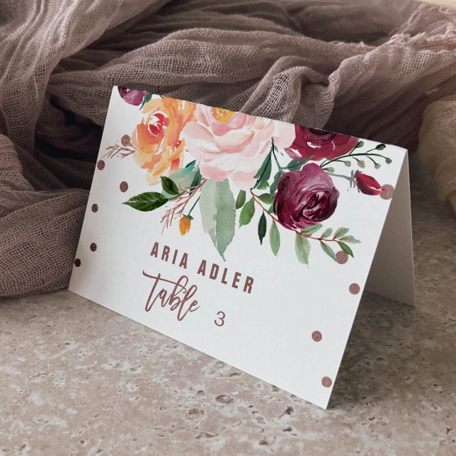 Autumn Floral Rose Gold Light Escort Place Cards (Creator Uploaded)