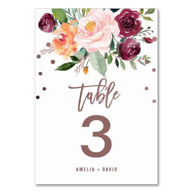 Autumn Floral Rose Gold Light Table Number (Front)
